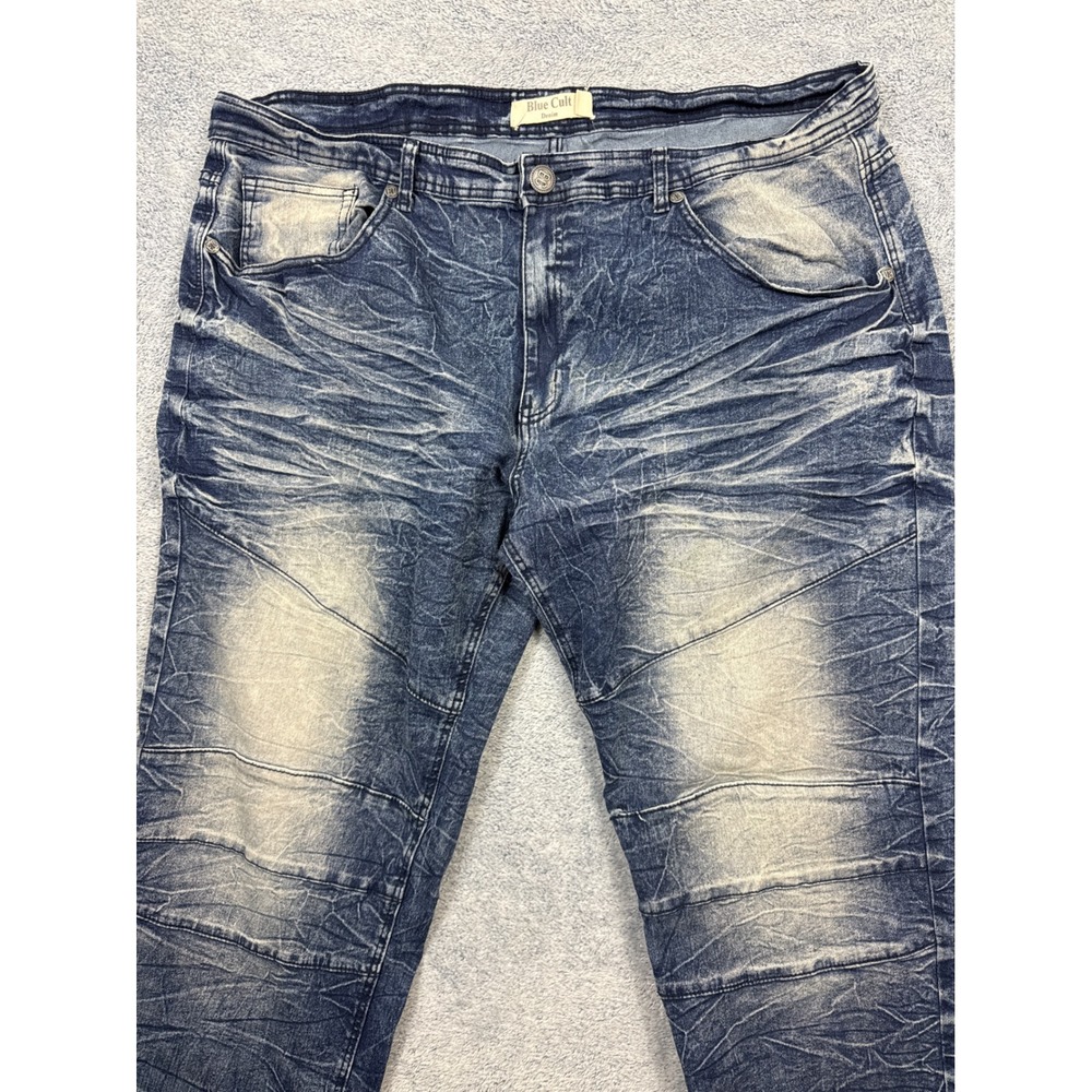 Blue Cult Mens 44 Blue Acid Wash Moto Denim Jeans Whiskered Crinkled Streetwear - Picture 2 of 16